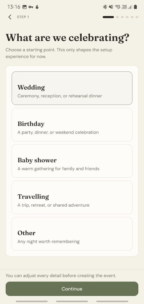 Memori event setup screen